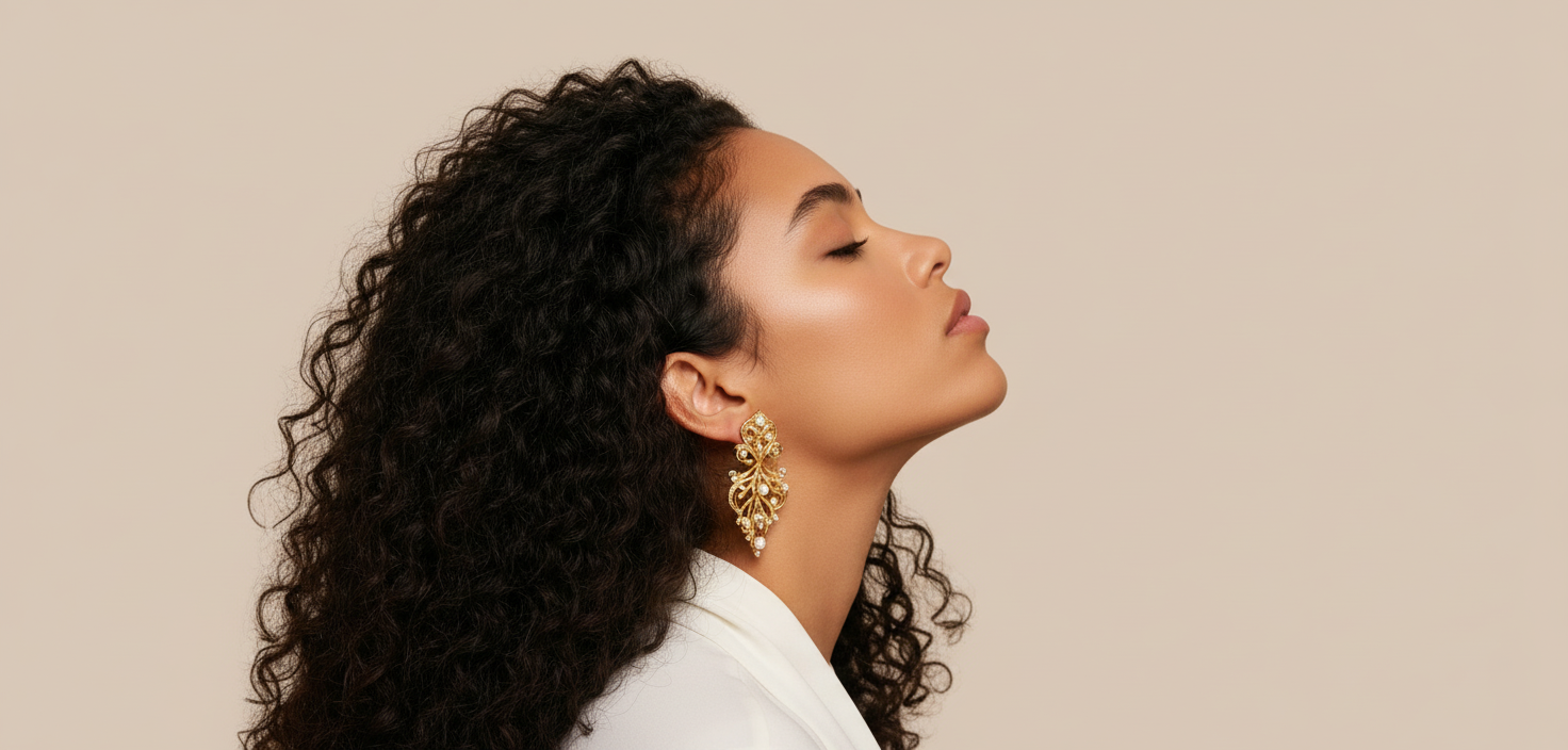 Woman with styled hair and earrings against a beige background