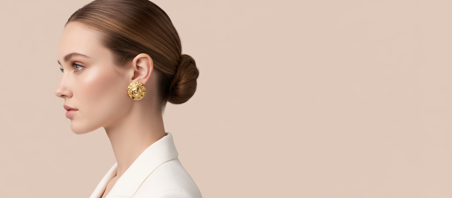 Woman wearing gold earrings against a beige background